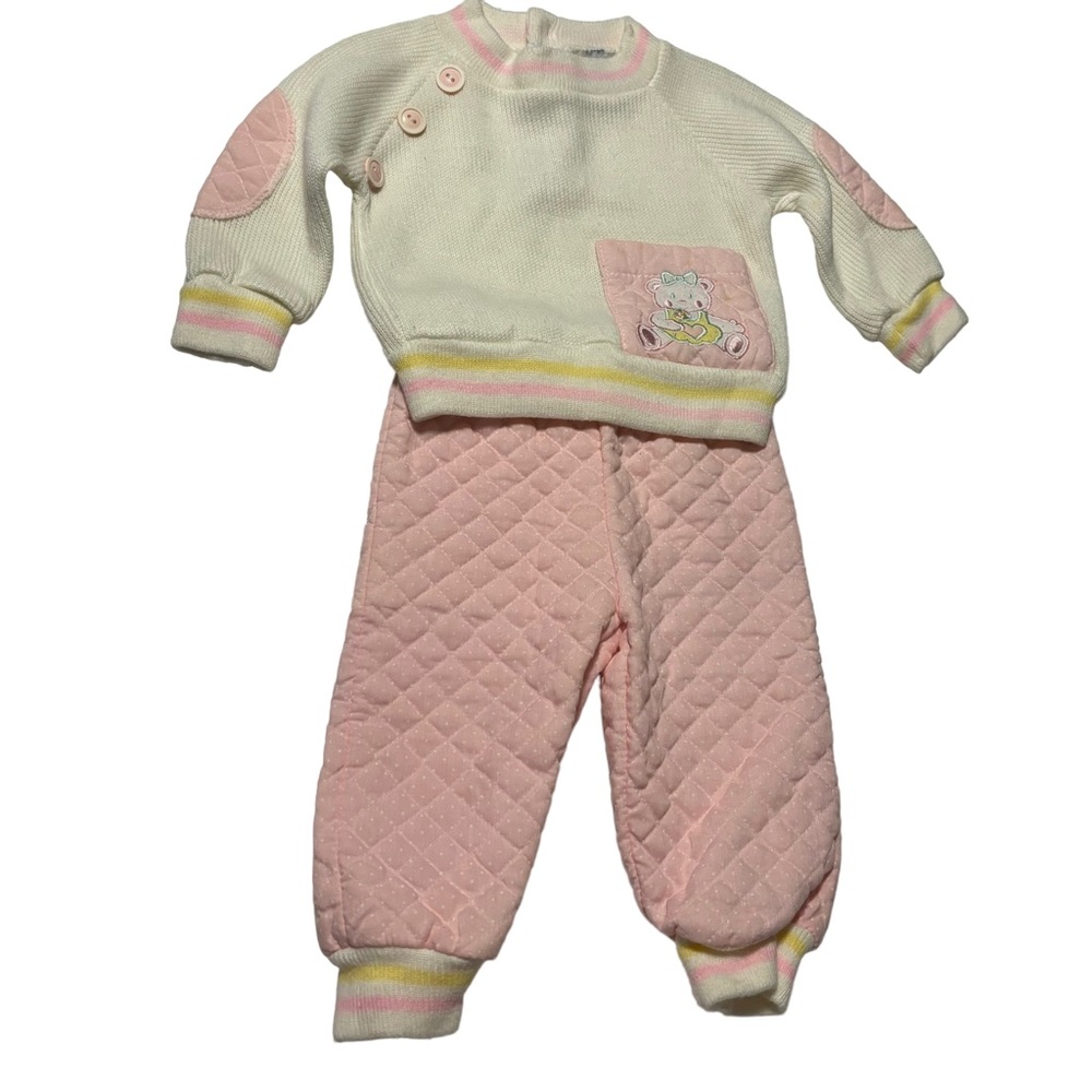 Doe-Spun sweater quilted pants outfit pink cream 6/9 mo bear appliqué EUC